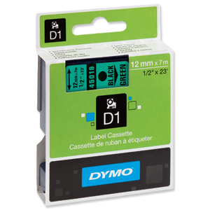 Dymo D1 Tape for Electronic Labelmakers 12mmx7m Black on Green Ref 45019 S0720590