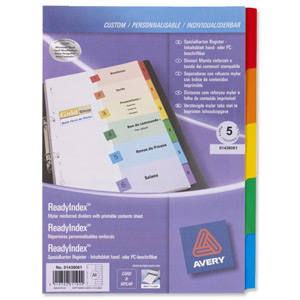 Avery IndexMaker Divider Set Punched with Coloured Tabs 5-Part A4 Assorted Ref 01438061