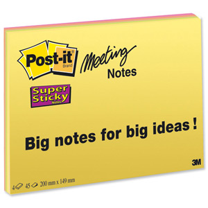 Post-it Super Sticky Meeting Notes Pads of 45 Sheets 200x149mm Bright Colours Ref 6845-SSP [Pack 4]