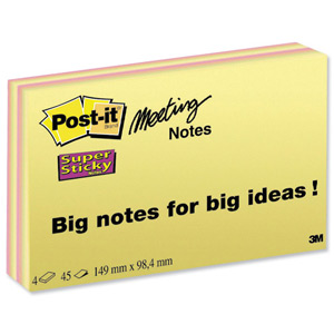 Post-it Super Sticky Meeting Notes Pads of 45 Sheets 149x98.4mm Bright Colours Ref 6445-SSP [Pack 4]