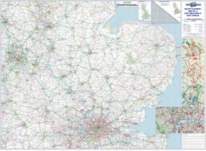 Map Marketing Wall Road Map 4 Miles to 1 inch Scale W1240xH950mm East Midlands and East Anglia Ref RRM5