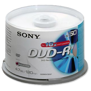 Sony DVD-R Recordable Disk Write-once on Spindle 16x Speed 120min 4.7Gb Ref 50DMR47BSP [Pack 50]
