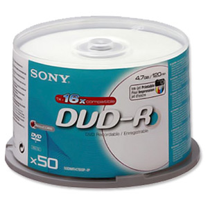 Sony DVD-R Recordable Disk Inkjet Printable on Spindle 16x Speed 120min 4.7Gb Ref 50DMR47BSP-IP [Pack 50]