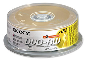 Sony DVD-RW Rewritable Disk on Spindle 120min 4.7Gb Ref 25DMW47ASP [Pack 25]