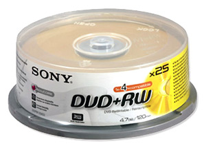 Sony DVD+RW Rewritable Disk on Spindle 120min 4.7Gb Ref 25DPW120ASP [Pack 25]