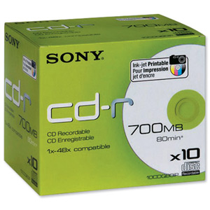 Sony CD-R Recordable Disk Inkjet Printable Cased 52x Speed 80min 700Mb Ref 10CDQ80D-IP [Pack 10]