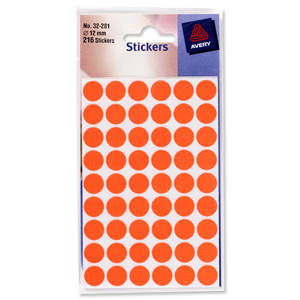 Avery Packets of Labels Diam.12mm Fluorescent Red Ref 32-281 [10x216 Labels]