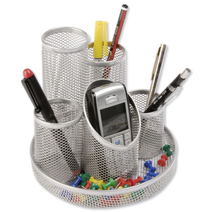 Pencil Pot Mesh Scratch Resistant with Non Marking Base 5 Tube Silver