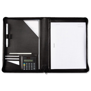 Writing Case Zipped with Pad and Calculator A4 Leather Look Black