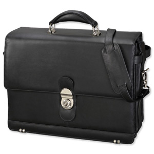 Alassio Monza Briefcase Extendable with Laptop Compartment Shoulder Strap Leather Black Ref 47127