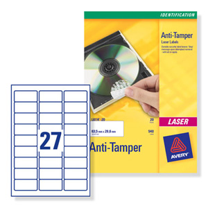 Avery Anti-Tamper Labels Laser 27TV 63.5x29.6mm Ref L6114-20 [540 Labels]