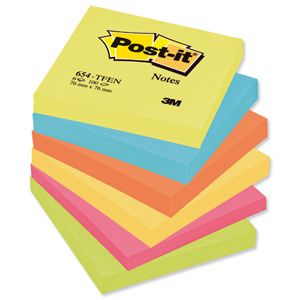 Post-it Colour Notes Pad of 100 Sheets 76x76mm Energetic Palette Rainbow Colours Ref 654TF [Pack 6]