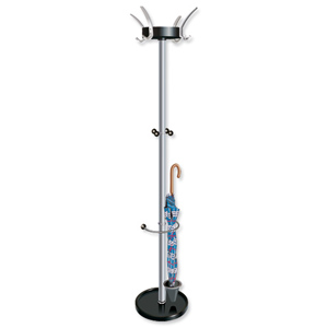 Contemporary Hat and Coat Stand Tubular Steel with Umbrella Holder 4 Hooks 6 Pegs H1750mm