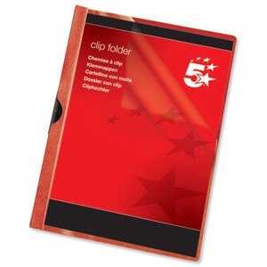 5 Star Clip Folder 3mm Spine for 30 Sheets A4 Red [Pack 25]