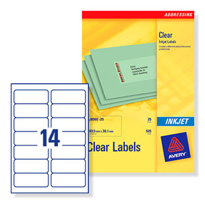 Avery Clear Addressing Labels 14 per Sheet 99.1x38.1mm Ref J8563-25 [350 Labels]