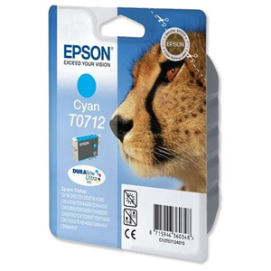 Epson T0712 Inkjet Cartridge DURABrite Cheetah Page Life 345-535pp Cyan Ref C13T07124011