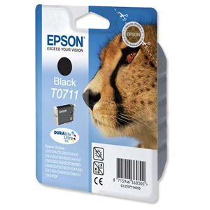 Epson T0711 Inkjet Cartridge DURABrite Cheetah Page Life 230-260pp Black Ref C13T07114011