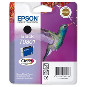 Epson T0801 Inkjet Cartridge Claria Hummingbird Page Life 300-355pp Black Ref C13T08014010