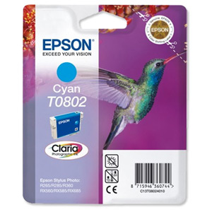 Epson T0802 Inkjet Cartridge Claria Hummingbird Page Life 890-935pp Cyan Ref C13T08024010
