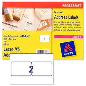 Avery Addressing Labels Laser A5 Sheet of 2 Each 99.1x67.7mm Ref L30065-20 [40 Labels]