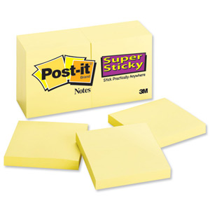 Post-it Super Sticky Removable Notes Pad 90 Sheets 76x76mm Canary Yellow Ref 654-12SSCY [Pack 12]