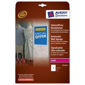 Avery Wall Sign Removable Self-Cling 1 per Sheet 190x275mm Ref L7116-5.UK [5 labels]