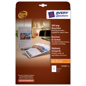 Avery Brochure Paper A4 folds on Long Edge White 99x210mm 190 gsm Ref C32290-25.UK [25 Sheets]