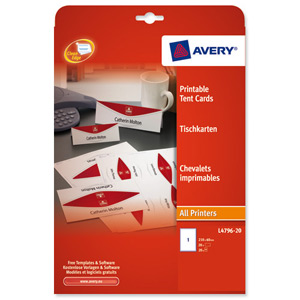 Avery Printable Business Tent Card 1 per Sheet 210x60mm White 190gsm Ref L4796-20 [20 labels]