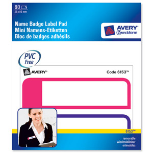 Avery Handwritable Mini Name Badge Pad 2 per Sheet 25x95mm Pink/Purple Ref 6153 [80 Badges]