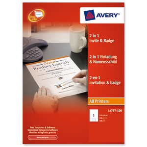 Avery 2 in 1 100gsm Invitation Letter and Acetate Name Badges 50 x 80mm White Ref L4797-100 [100 Badges]