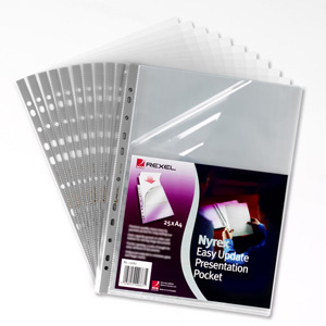 Rexel Nyrex Presentation Pocket Grey Strip Easy-update Top and Side-opening A4 Clear Ref 13682 [Pack 25]