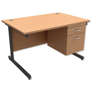 Trexus Contract Desk Rectangular with 2-Drawer Filer Pedestal Graphite Legs W1200xD800xH725mm Beech