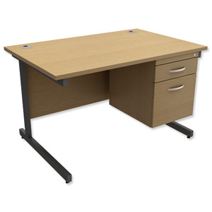 Trexus Contract Desk Rectangular with 2-Drawer Filer Pedestal Graphite Legs W1200xD800xH725mm Oak