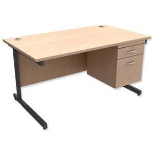 Trexus Contract Desk Rectangular with 2-Drawer Filer Pedestal Graphite Legs W1400xD800xH725mm Maple
