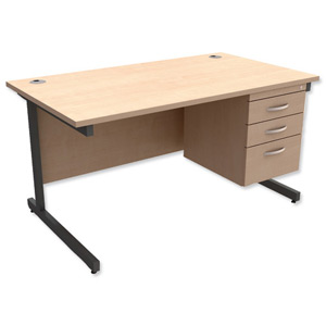 Trexus Contract Desk Rectangular with 3-Drawer Pedestal Graphite Legs W1400xD800xH725mm Maple
