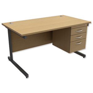 Trexus Contract Desk Rectangular with 3-Drawer Pedestal Graphite Legs W1400xD800xH725mm Oak
