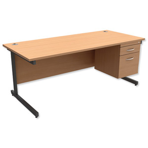 Trexus Contract Desk Rectangular with 2-Drawer Filer Pedestal Graphite Legs W1800xD800xH725mm Beech