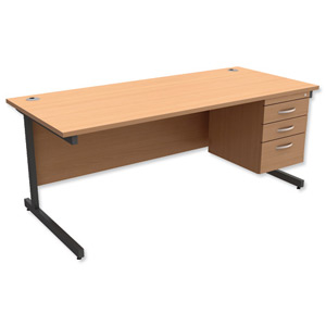 Trexus Contract Desk Rectangular with 3-Drawer Pedestal Graphite Legs W1800xD800xH725mm Beech