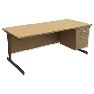 Trexus Contract Desk Rectangular with 2-Drawer Filer Pedestal Graphite Legs W1800xD800xH725mm Oak