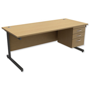 Trexus Contract Desk Rectangular with 3-Drawer Pedestal Graphite Legs W1800xD800xH725mm Oak