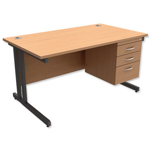 Trexus Contract Plus Cantilever Desk Rectangular 3-Drawer Pedestal Graphite Legs W1400xD800xH725mm Beech