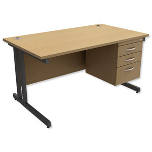 Trexus Contract Plus Cantilever Desk Rectangular 3-Drawer Pedestal Graphite Legs W1400xD800xH725mm Maple