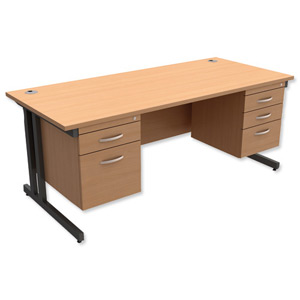 Trexus Contract Plus Cantilever Desk Rectangular Double Pedestal Graphite Legs W1800xD800xH725mm Beech
