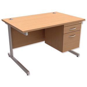 Trexus Contract Desk Rectangular with 2-Drawer Filer Pedestal Silver Legs W1200xD800xH725mm Beech