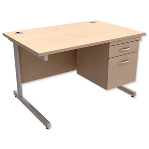 Trexus Contract Desk Rectangular with 2-Drawer Filer Pedestal Silver Legs W1200xD800xH725mm Maple