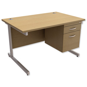 Trexus Contract Desk Rectangular with 2-Drawer Filer Pedestal Silver Legs W1200xD800xH725mm Oak