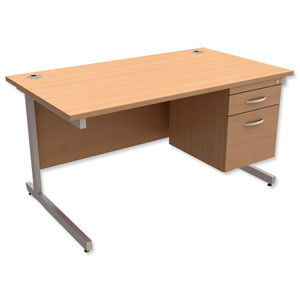 Trexus Contract Desk Rectangular with 2-Drawer Filer Pedestal Silver Legs W1400xD800xH725mm Beech