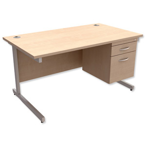 Trexus Contract Desk Rectangular with 2-Drawer Filer Pedestal Silver Legs W1400xD800xH725mm Maple