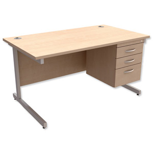 Trexus Contract Desk Rectangular with 3-Drawer Pedestal Silver Legs W1400xD800xH725mm Maple