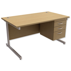 Trexus Contract Desk Rectangular with 3-Drawer Pedestal Silver Legs W1400xD800xH725mm Oak